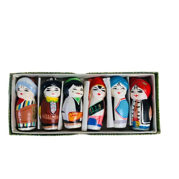 Folk Art Mini Kokeshi Clay Dolls Set of 6 Collectible Figurines Hand Painted - Picture 2 of 16